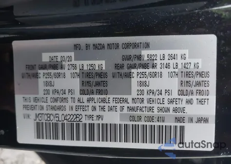 2020 Mazda Cx-9 Touring из США, поврежденный, VIN JM3TCBCY5L0422262